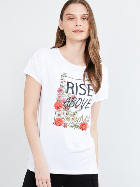 

max Women White Printed Round Neck T-shirt
