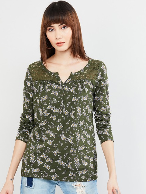 

max Women Olive Green Floral Printed Pure Cotton Top
