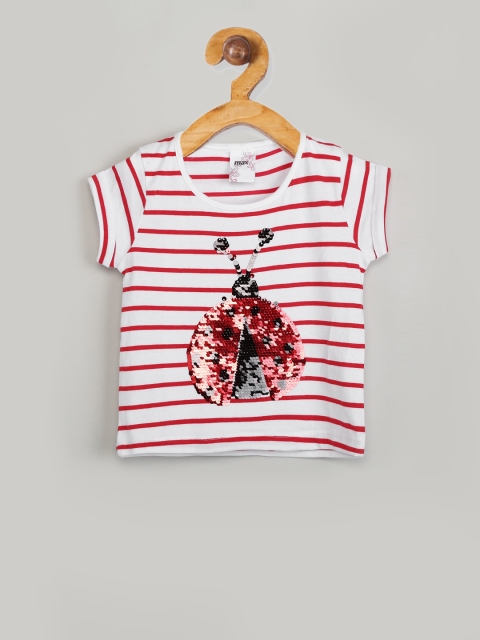 

max Girls White & Red Striped Round Neck T-shirt