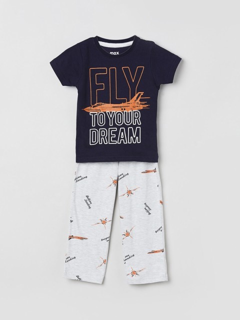 

max Boys Navy Blue & Grey Printed Night Suit
