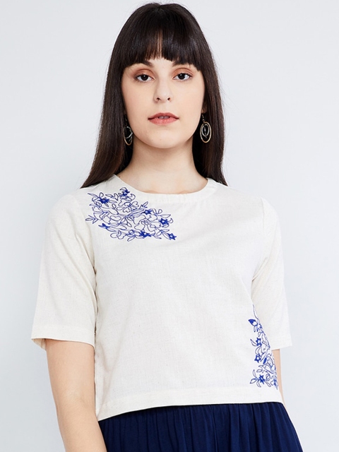 max Women Off-White & Blue Floral Embroidered Top