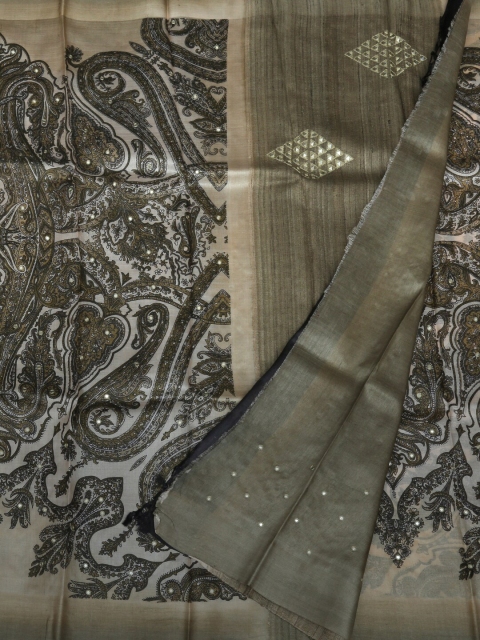 

Pothys Cream-Coloured & Olive Green Jute Silk Woven Design Saree
