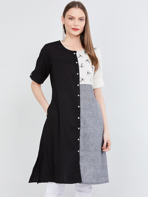 

max Women Black & Grey Colourblocked Straight Kurta