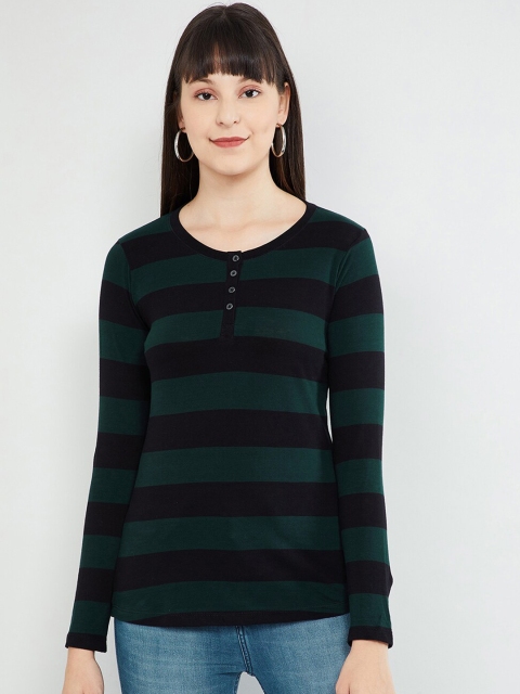 

max Women Dark Green & Black Striped Round Neck T-shirt