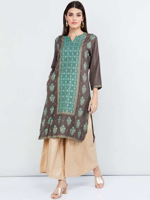 

max Women Taupe & Green Woven Design A-Line Kurta