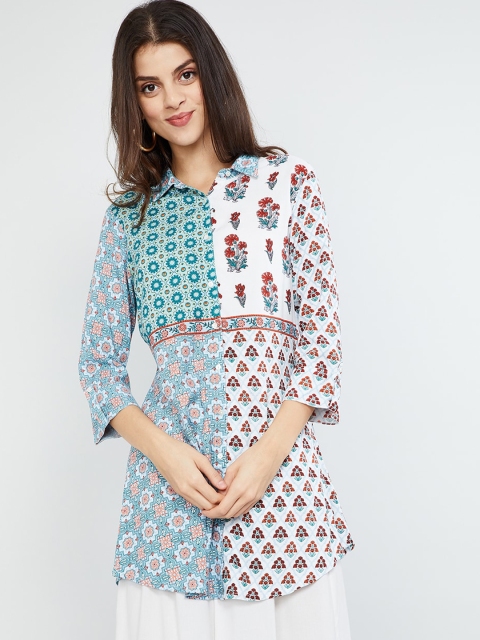 

max Women White & Blue Printed Straight Tunic