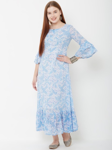

FASHOR Women Blue & White Printed A-Line Kurta