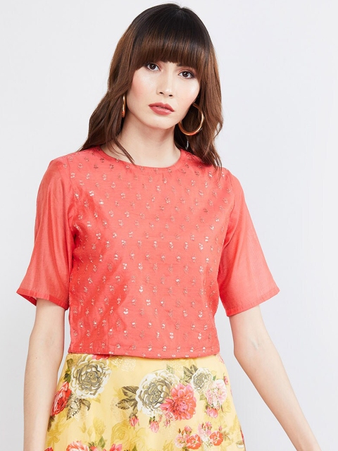 

max Women Coral Red Embellished Crop Top