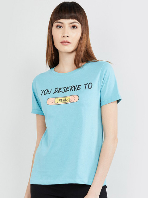 

max Women Turquoise Blue Printed Round Neck T-shirt