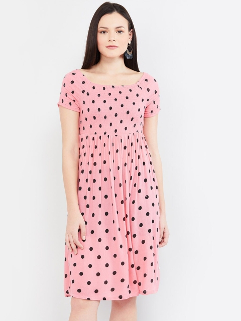 

max Women Pink & Black Polka Dots Print Fit & Flare Dress