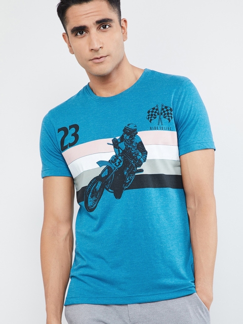 max Men Blue Printed Round Neck T-shirt