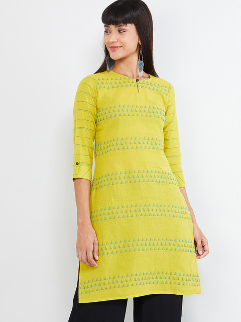 

max Women Lime Green Printed Pure Cotton Top
