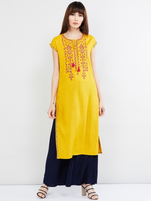 

max Women Yellow & Pink Embroidered Straight Kurta