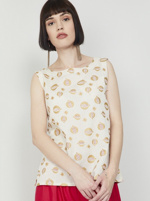 

max Women Off-White & Gold-Coloured Printed Top