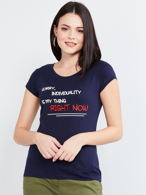 

max Women Navy Blue Printed Round Neck T-shirt