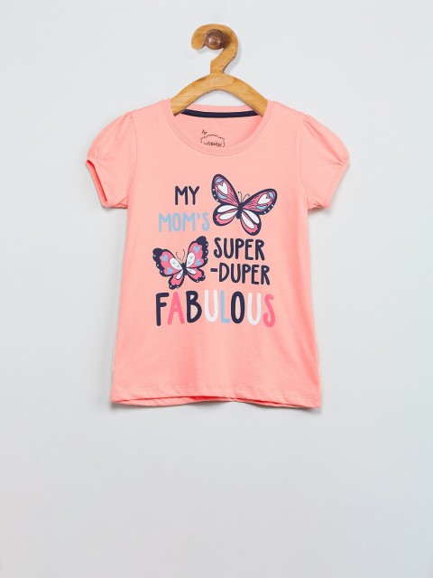 

max Girls Peach-Coloured Printed Round Neck T-shirt