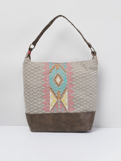 

max Beige & Brown Self Design Hobo Bag