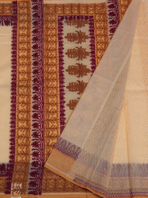 

Pothys Cream-Coloured & Mustard Yellow Manipuri Jute Cotton Woven Design Saree