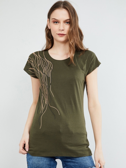 

max Women Green Printed Round Neck T-shirt