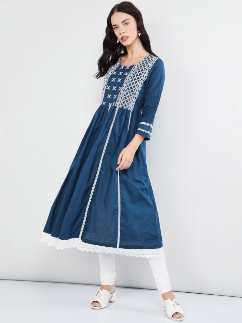 

max Women Navy Blue & White Floral Embroidered A-Line Kurta