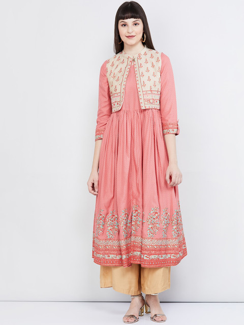 

max Women Peach & Beige Printed Anarkali Kurta with Jacket