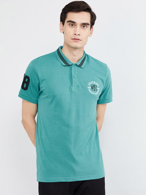 

max Men Teal Green Solid Polo Collar T-shirt