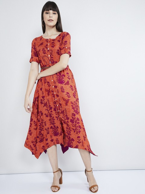 

max Women Coral Orange Floral Printed A-Line Dress
