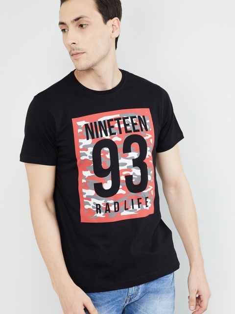 

max Men Black Printed Round Neck T-shirt