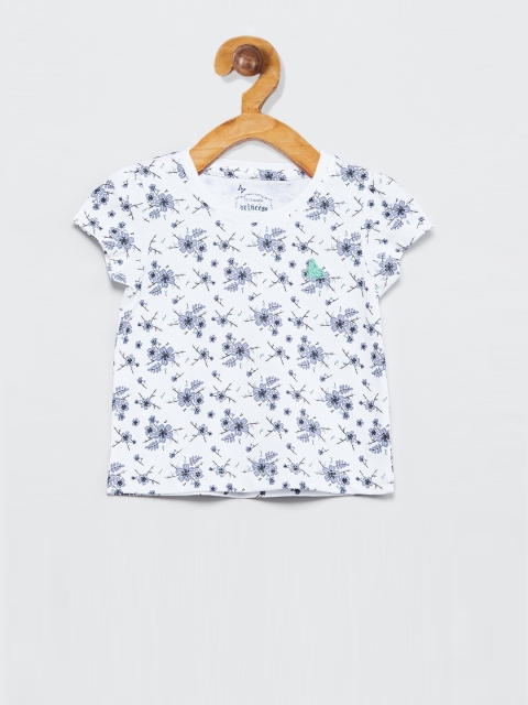 

max Girls White & Blue Floral Print Puff Sleeves Top