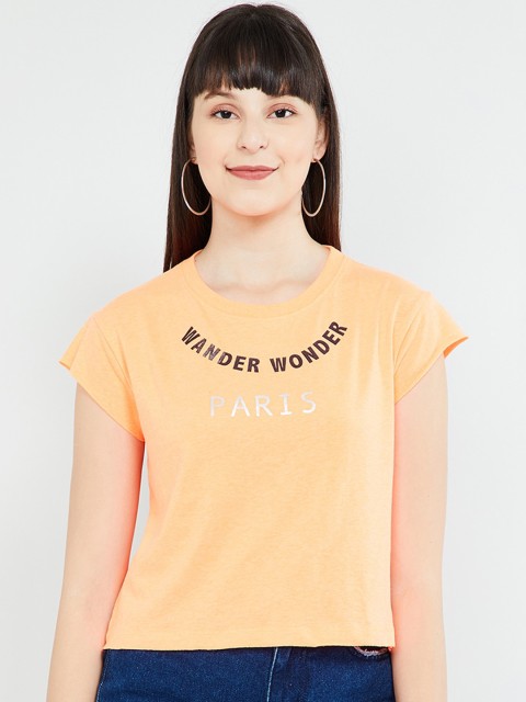 

max Women Orange Printed Round Neck Crop T-shirt