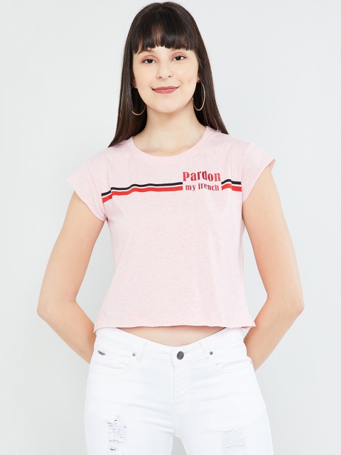 

max Women Pink Striped Round Neck Crop T-shirt