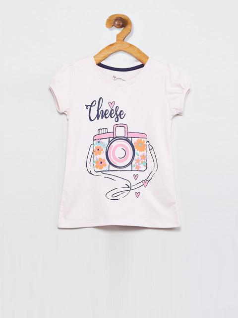 

max Girls Pastel Pink & Navy Blue Printed Puff Sleeves Top