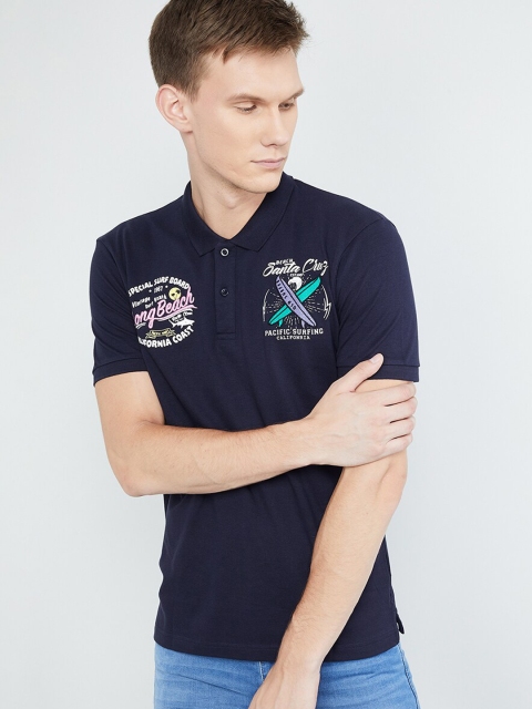 

max Men Navy Blue Printed Polo Collar T-shirt