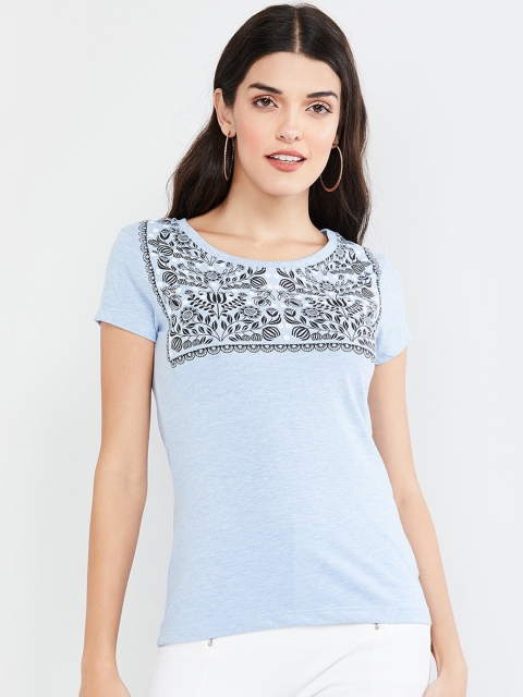 

max Women Blue Printed Round Neck T-shirt