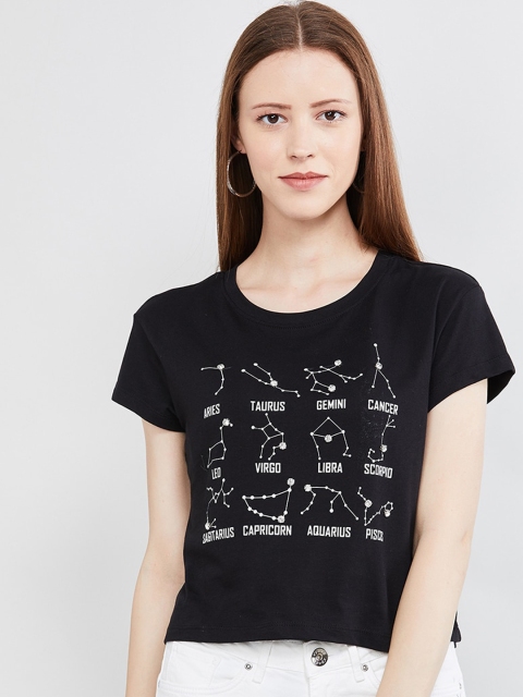 max Women Black Printed Round Neck T-shirt