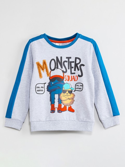 

max Boys Grey Melange & Blue Printed Sweatshirt