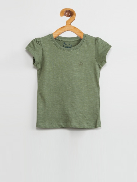 

max Girls Green Self Design Round Neck T-shirt