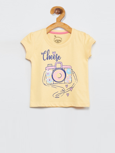 

max Girls Yellow & Navy Blue Printed Cap Sleeves Top