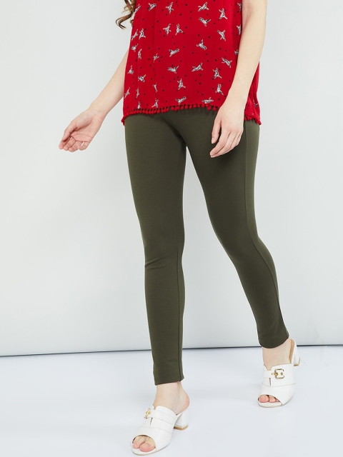

max Women Olive Green Solid Ankle-Length Leggings