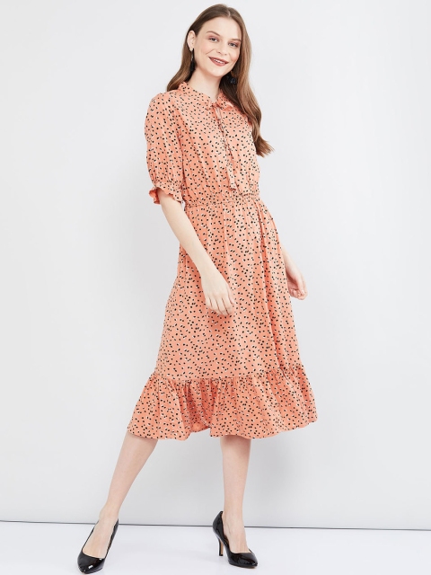 

max Women Peach-Coloured & Black Printed Fit and Flare Dress