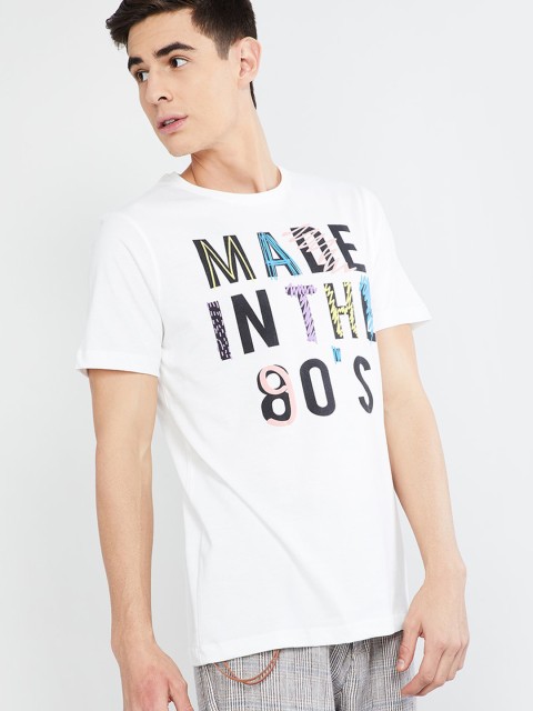

max Men White & Black Printed Round Neck T-shirt