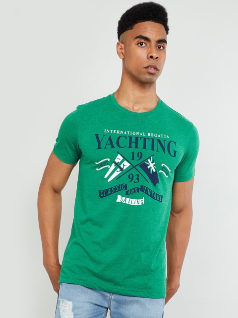 

max Men Green Printed Round Neck T-shirt