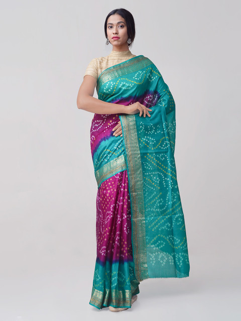 

Unnati Silks Magenta & Turquoise Blue Pure Silk Woven Design Bandhani Saree