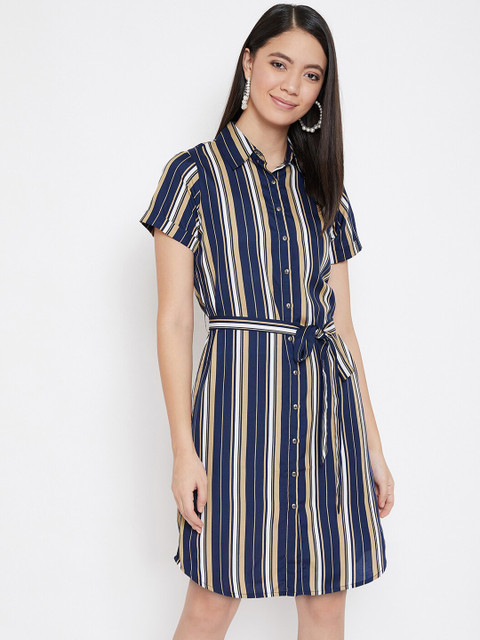 

Color Cocktail Women Blue &White Striped Shirt Dress