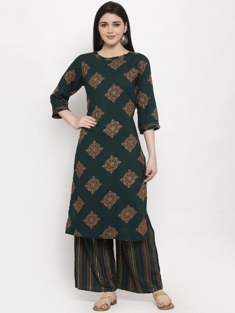 

Clora Creation Women Green & Brown Printed Kurta with Palazzos
