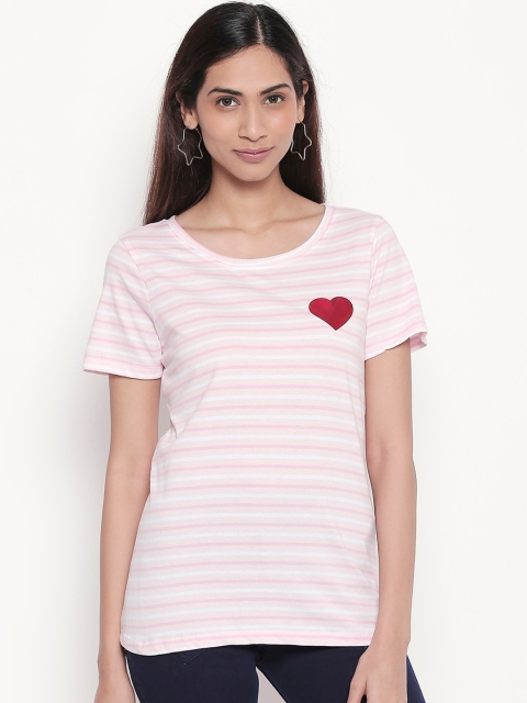 Honey by Pantaloons Women Pink Striped Round Neck T-shirt