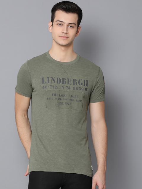 

LINDBERGH Men Olive Green Printed Round Neck T-shirt