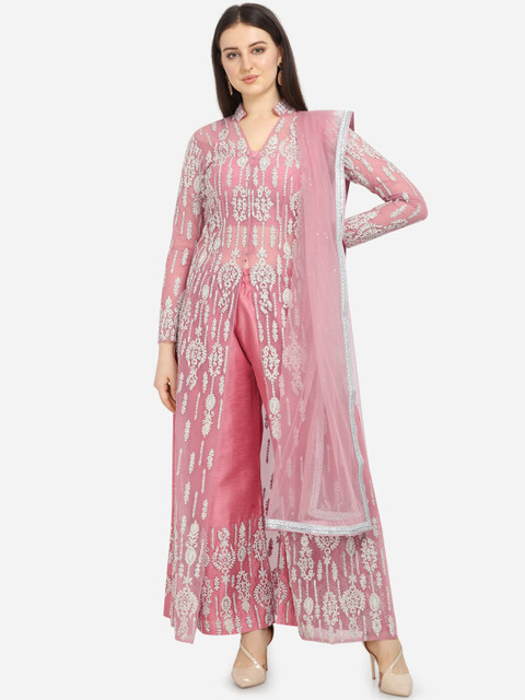 

Stylee LIFESTYLE Pink Net Semi-Stitched Dress Material