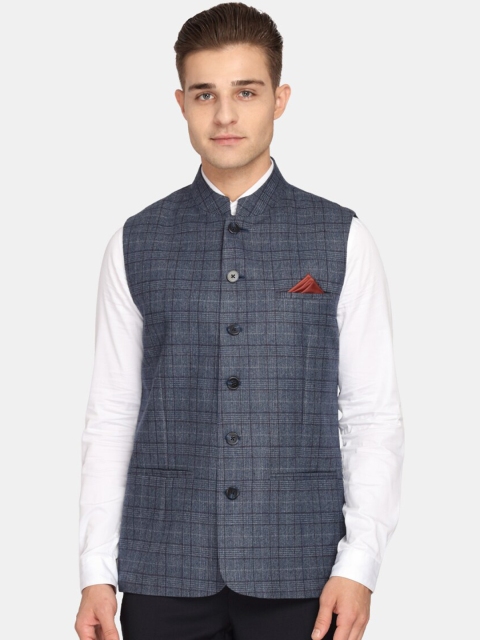Theme Men Blue & Grey Checked Woven Nehru Jacket