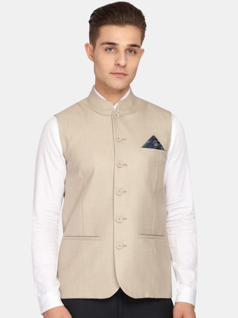 

Theme Men Beige Solid Woven Nehru Jacket